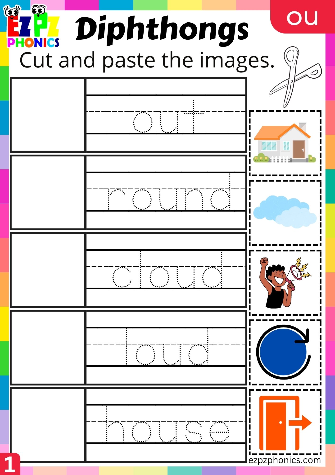 ou Diphthong Cut and Paste the Images Worksheet PDF Download
